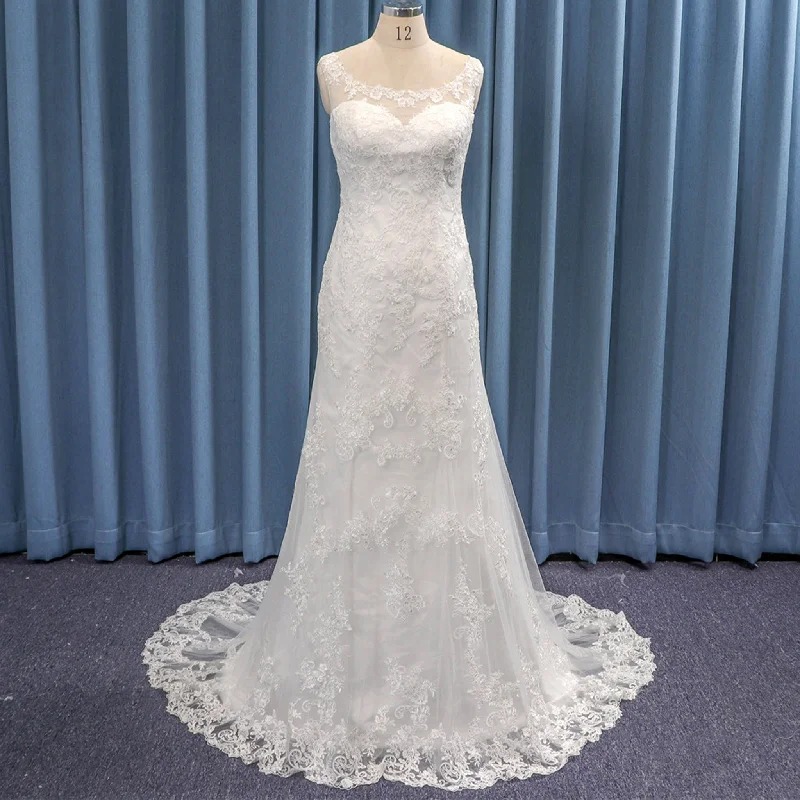 Enjoy Discount Feminine Flow Sheer Boat Neck Sweetheart Mermaid Lace Beach Wedding Dresses