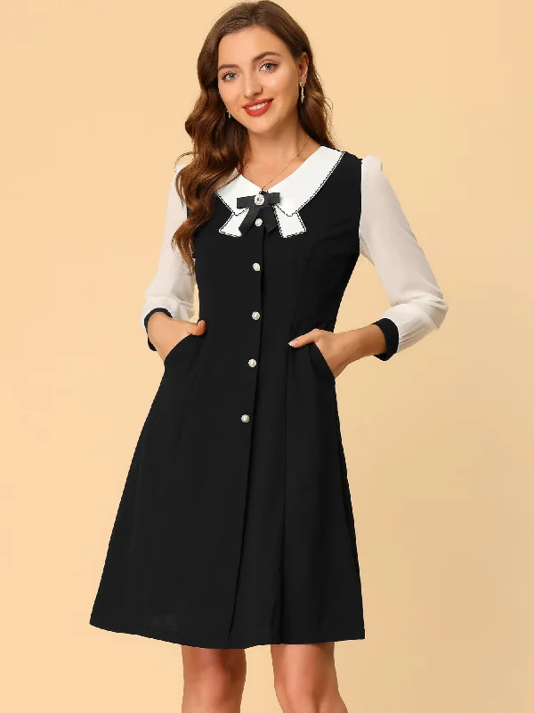 Budget Friendly Weekend Special Contrast Collar Bow Tie A-Line Long Sleeve Elegant Button Decor Dress