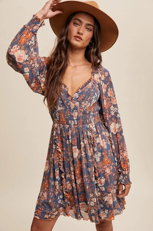 Essentials On Sale Disco - Inspired Retro Dance Look Hannah Floral Print Mesh Smocked Long sleeve Dress