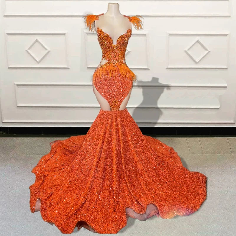 Sophisticated Style Offers Boho Chic Luxury Orange Mermaid Long Prom Dresses  for Birthday Party Sparkly Sequin Feathers Women Custom Formal Evening Gowns