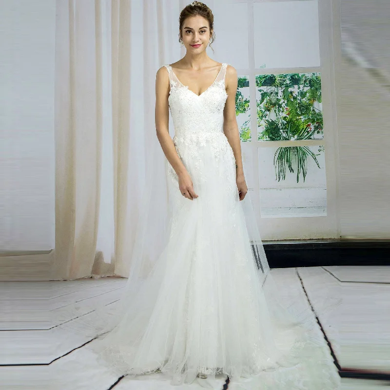 Chic Trends Unveiled Modern Glamour Low Open Back Tulle Sheath Cape Beach Wedding Dress V-neck