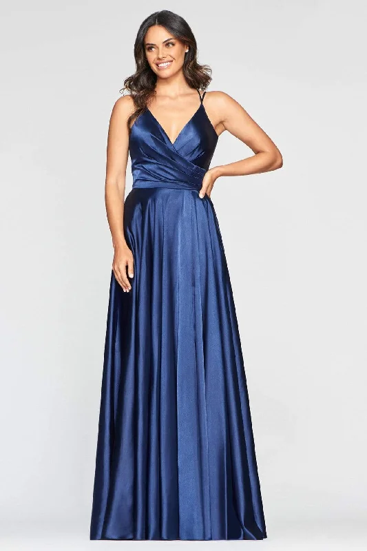 Ride The Style Wave Effortless Grace Faviana - S10429 V Neck Pleated Bodice Lace-Up back Satin Gown