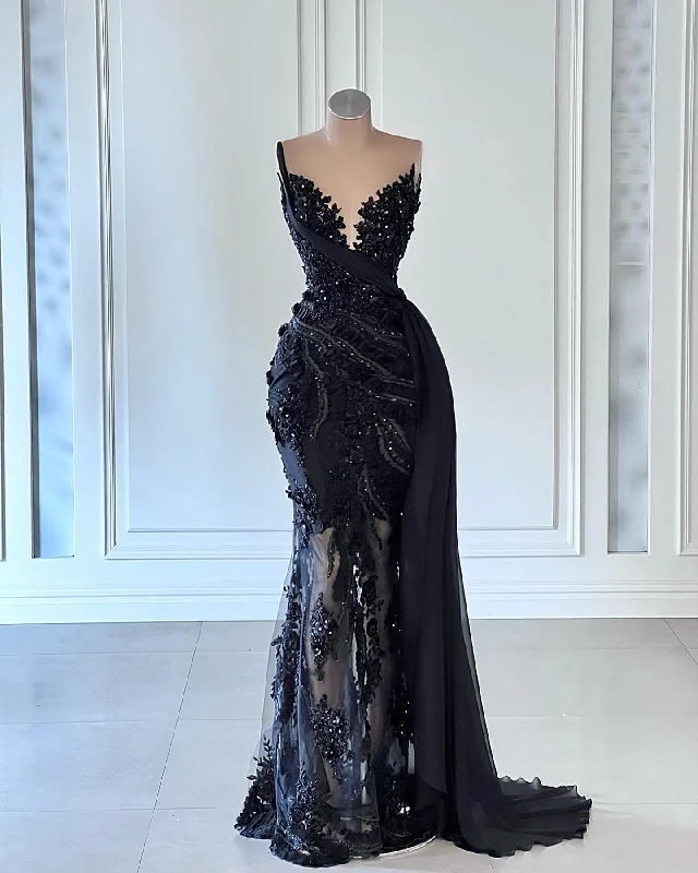 Mega Sales Feminine Elegant V-Neck Black Elegant Mermaid Prom Dress Sequined Lace Appliques Formal Evening Gowns Illusion Tulle Custom Made Vestido De Novia