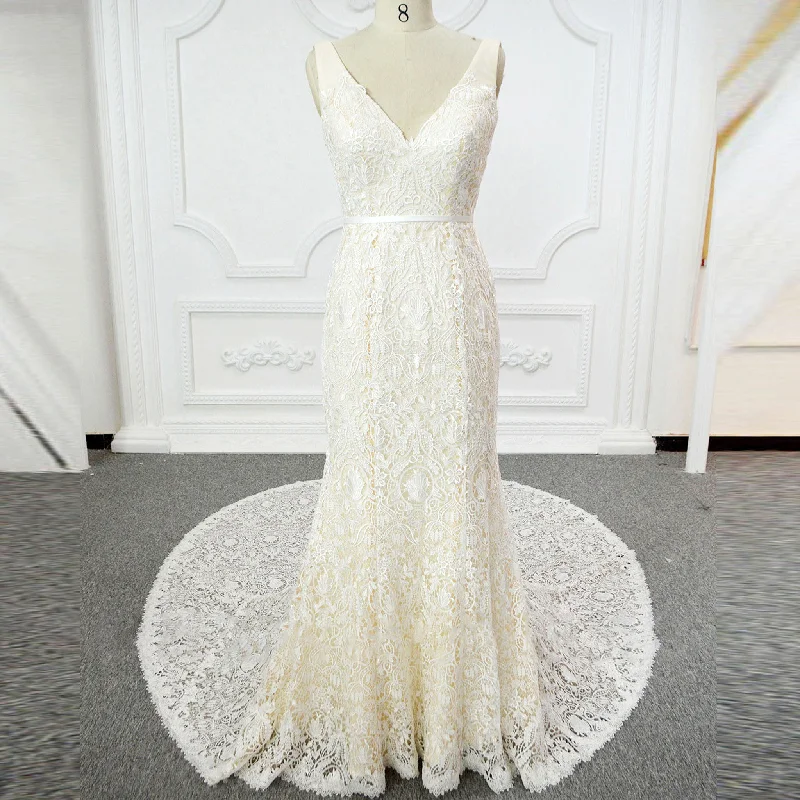 Top Brand Discounts Effortless Grace Charming Double V Sheath Lace Bridal Gowns Wedding Dresses