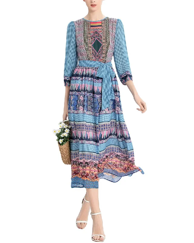 High-End Style Discounts Ethnic Cultural Event Wear BURRYCO Elbow-Sleeve Midi Dress