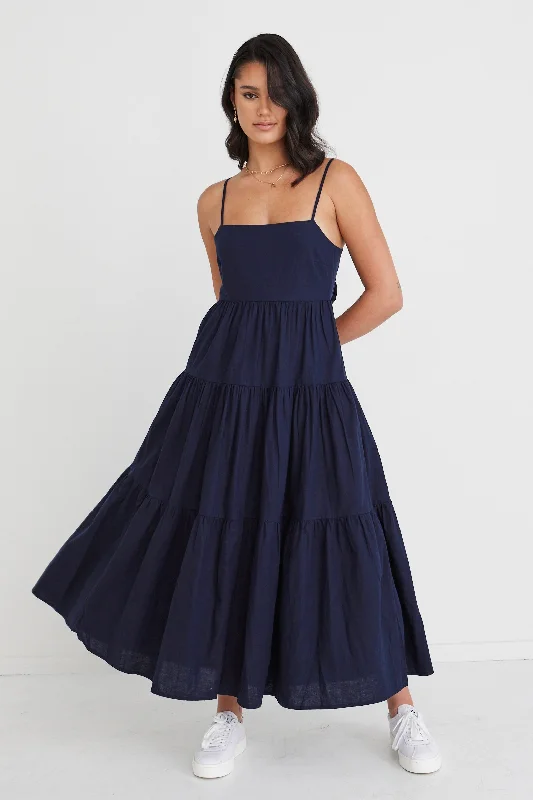 Stylish Savings Effortless Grace Galaxy Navy Linen Tie Back Tiered Strappy Maxi Dress