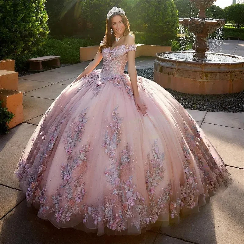 Ends Soon Romantic Date - Night Ensemble Sparkly Beaded Lace Ball Gown Quinceanera Dresses Appliqued Off Shoulder Neckline Sequined Prom Gowns Tulle Sweep Train Sweet 15