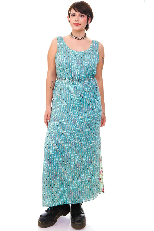 Spring Fashion Effortless Style Vintage 90's Reversible Moody Blue Floral Tank Dress - S/M/L