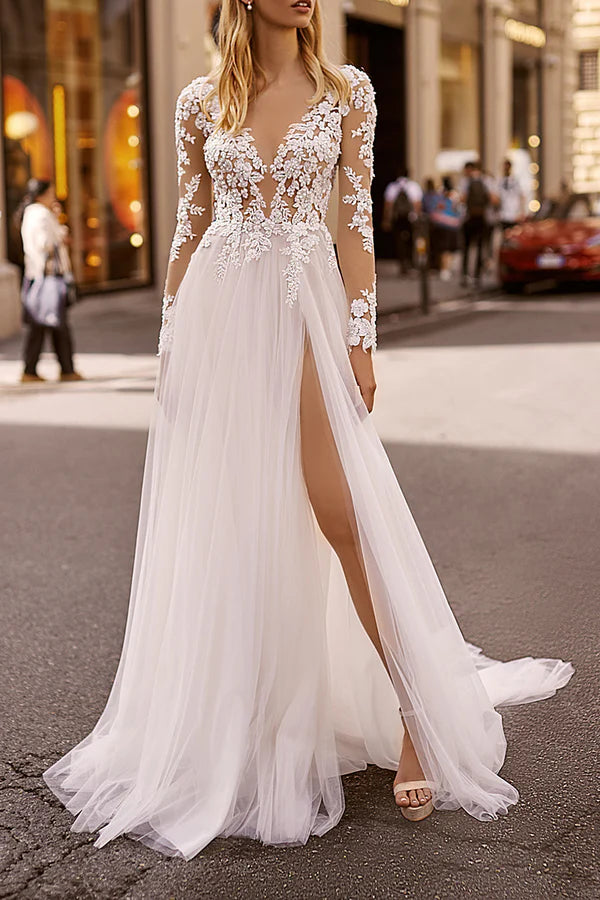 Get The Latest Trends Exquisite Craftsmanship A-line illusion V-neck lace long sleeved Bohemian style slit wedding dress