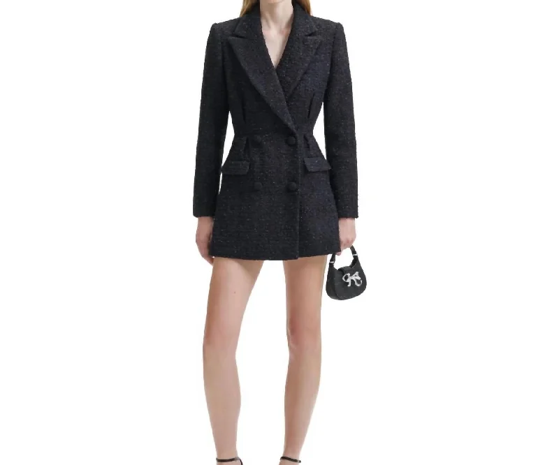 Forward Trendsetter Parisian Effortless Chic Style Boucle Tailored Mini Dress In Black