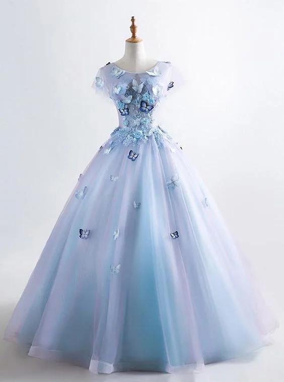 Snag Fabulous Fashion Bargains Lightweight Fabric Princess Blue Quinceanera Dress 3D Butterfly Floral Applique Prom Ball Gown   cg12139