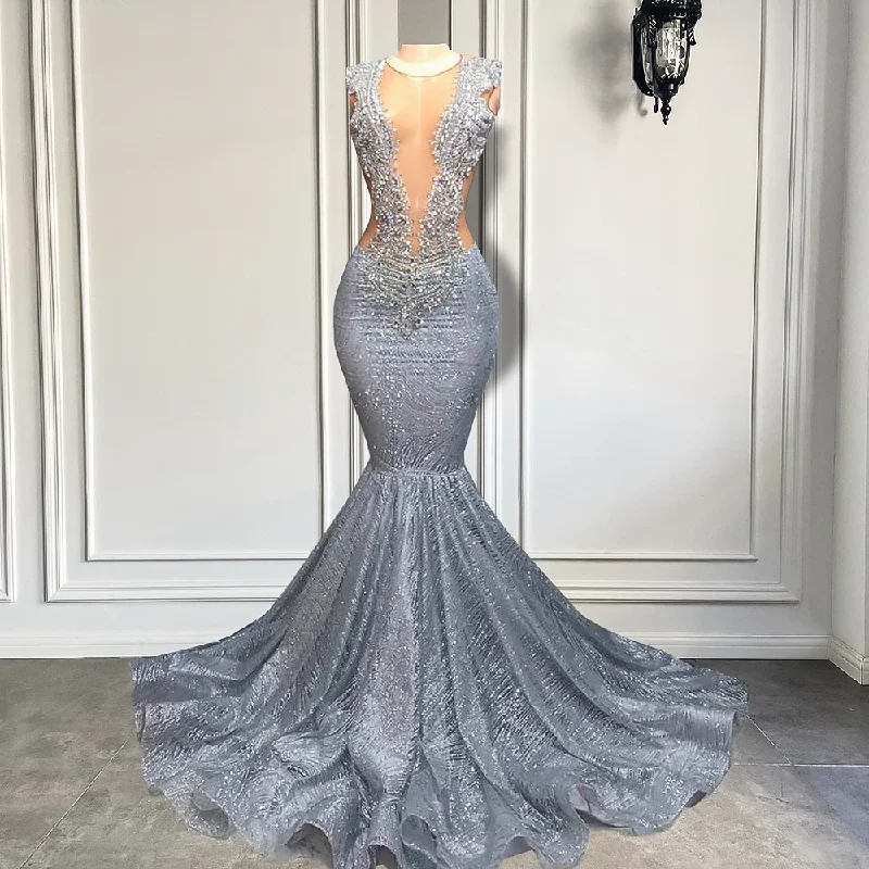 Affordable Trendy Fashion Chic Sophistication Long Glitter Prom Dresses Mermaid Style Sexy Sheer Top Luxury Sparkly Beaded Silver Black Girl Formal Prom Gala Gowns