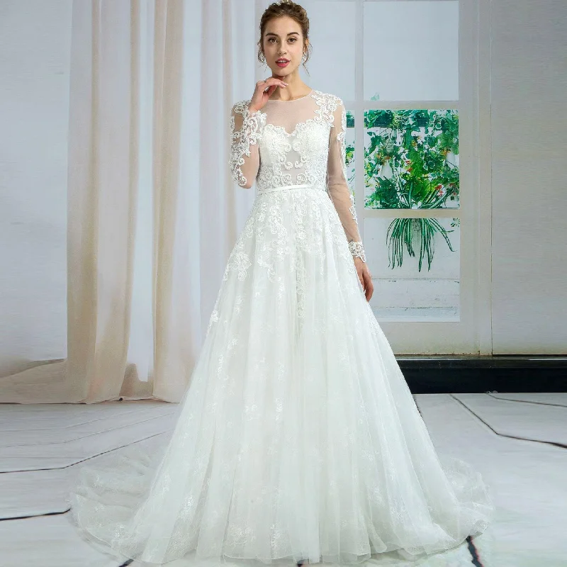 Chic Styles Subtle Sophistication Sheer Bodice Floral Lace Tulle A-line Wedding Dress Long Sleeve