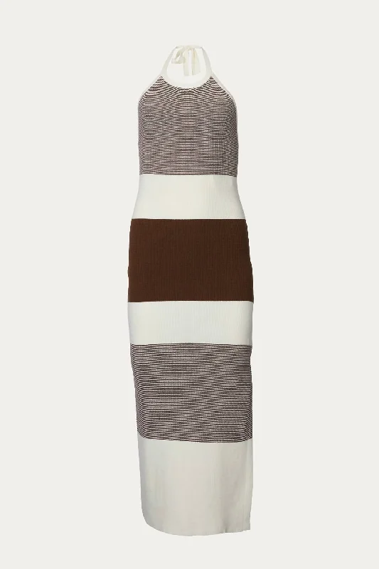 Budget Friendly Luxury Style Halterneck Ribbed-Knit Midi Dress in Ivory/Dark Chocolate