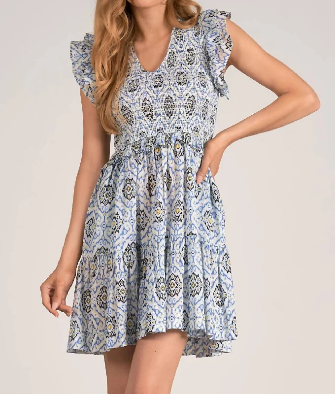 Chic Trend Collection Soft Textures Ruffle Sleeve Mini Dress In Blue Ikat