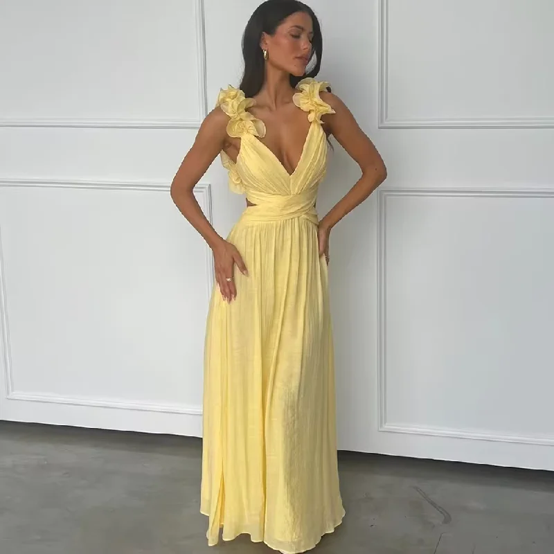 Casual Fashion Seasonal Trend Summer Yellow Beach Prom Dress Sexy Backless Floor Length Sleeveless Gown V-Neck Custom Luxury Long Evening Gown