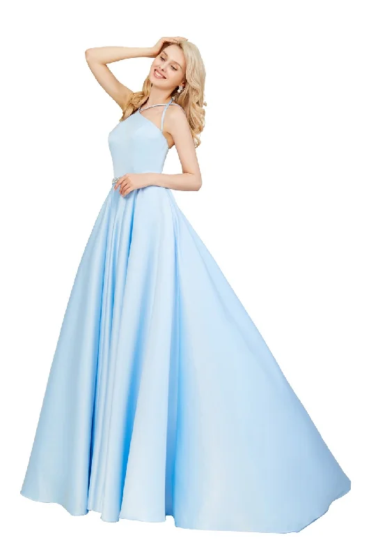 Stylish Deals Dreamy Aesthetic Angela & Alison Halter Strap Style Satin Ball Gown in Baby Blue 771024