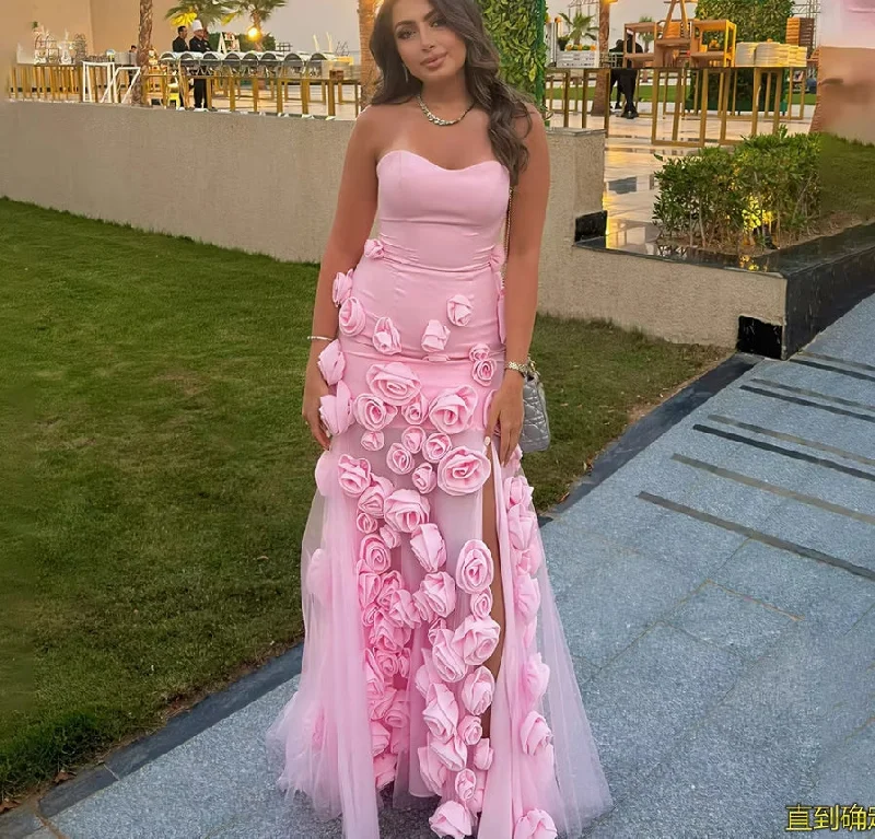 Weekend Exclusive Floral Style Pink Mermaid Evening Dresses Sweetheart Sleeveless 3D Flowers Special Occasion Gowns for Women Side Slit Party Prom Dress