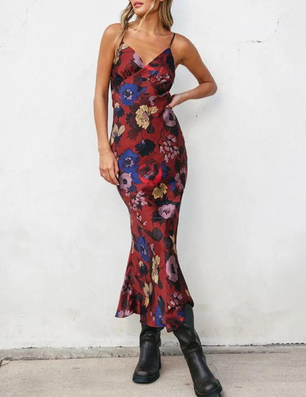 Massive Selection Sale Chic Urban Fashion Look Thea Deep Red Floral Slip Dress