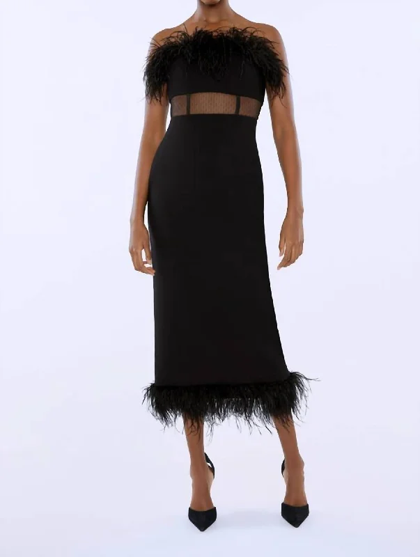 Hot Picks Graceful Drape Aubrey Feathers Trim Sheath Midi Dress In Black