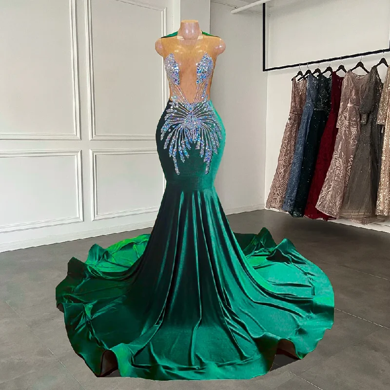 Modish Fashion Discounts Modern Glamour Long Elegant Prom Dresses Sexy Mermaid Style Sheer Mesh Luxury Handmade Beaded Dark Green Velvet Black Girl Prom Gala Gowns