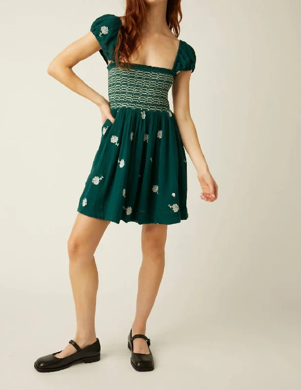 Fashion Forward Romantic Flair Tory Embroidered Mini Dress In Emerald