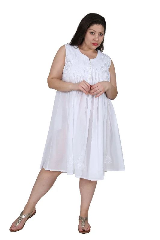 Chic Trends Unveiled Minimalist Chic La Cera 100% Cotton Sleeveless Dress with Hem Embroidery - Plus Size