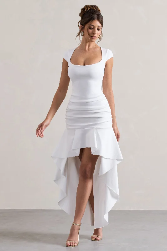 Additional Time-Limited Offers Seasonal Trend Parisa | White Ruched Short-Sleeve High-Low Maxi Dress