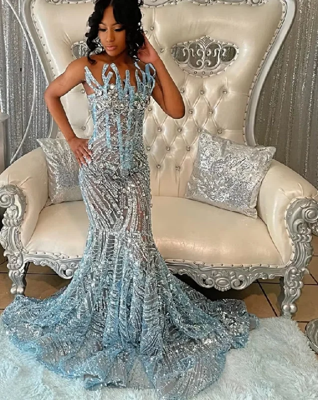 Seasonal Fashion Contemporary Chic Sexy Beaded Sky Blue Prom Dress Strapless Illusion See Through Evening Gown With Crystals Mermaid Women Formal Occasion Dresses