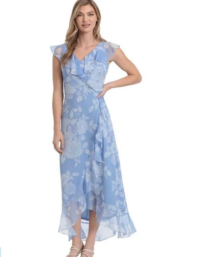 Limited Styles Feminine Elegant Floral Ruffle Hem Maxi Dress | Blue/White