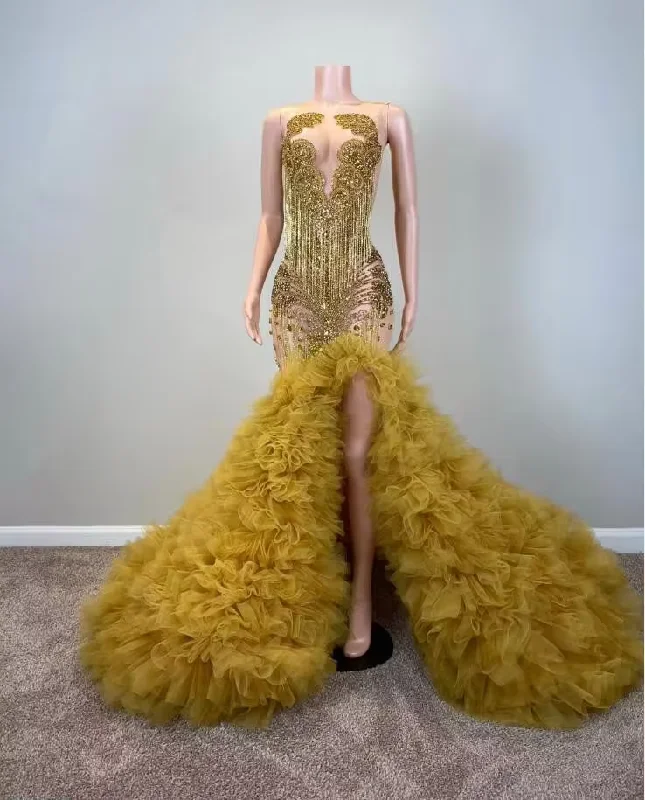 Hot Trends Everyday Glamour Gold Sparkly Long Mermaid Evening Reception Ceremony Dresses for Black Girl Luxury Diamond Tassel Ruffles Prom Gala Gown