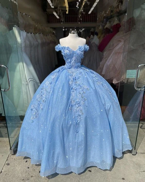 Flash Sale, Don'T Miss Y2K Nostalgic Fashion Look Off the shoulder blue ball gown , sparkly prom dress with flowers S26908