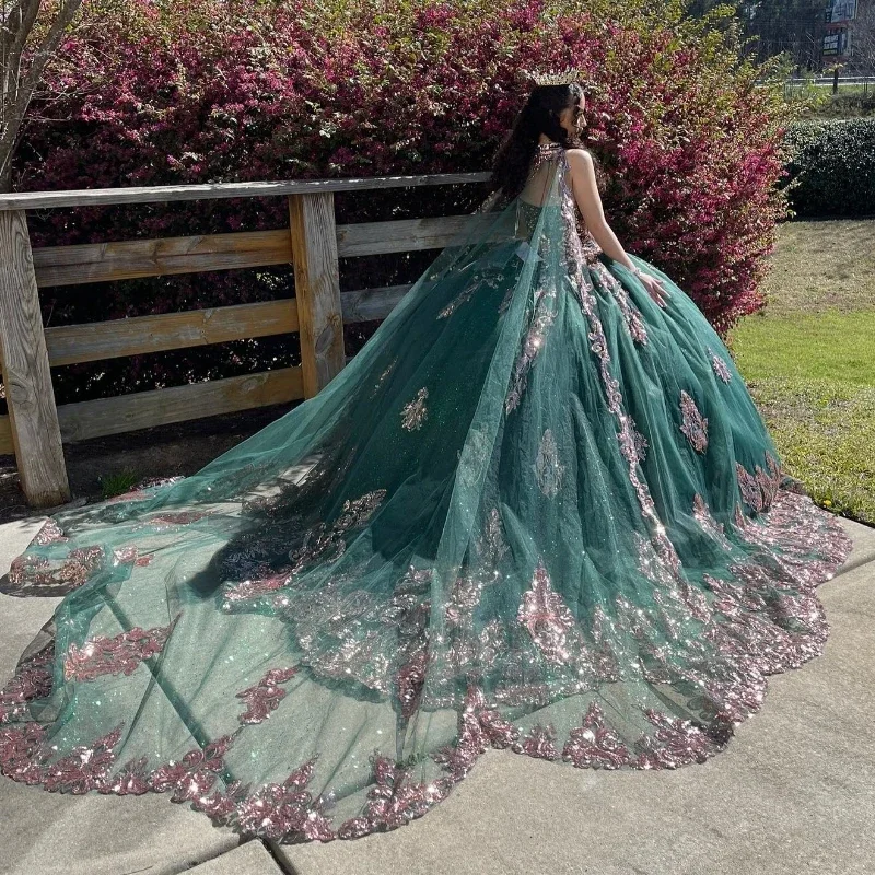 Chic & Modern Sales Luxury Comfort Emerald Green Quinceanera Dresses For 16 Girl V-Neck Off the Shoulder Gold Appliques Beads With Cape Princess Ball Gowns Birthda