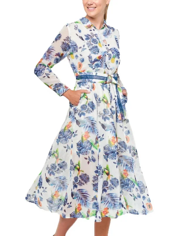 Feminine Luxe Style Sale Formal Outfit Blue Leaf Print Jane Midi Dress in White Multi