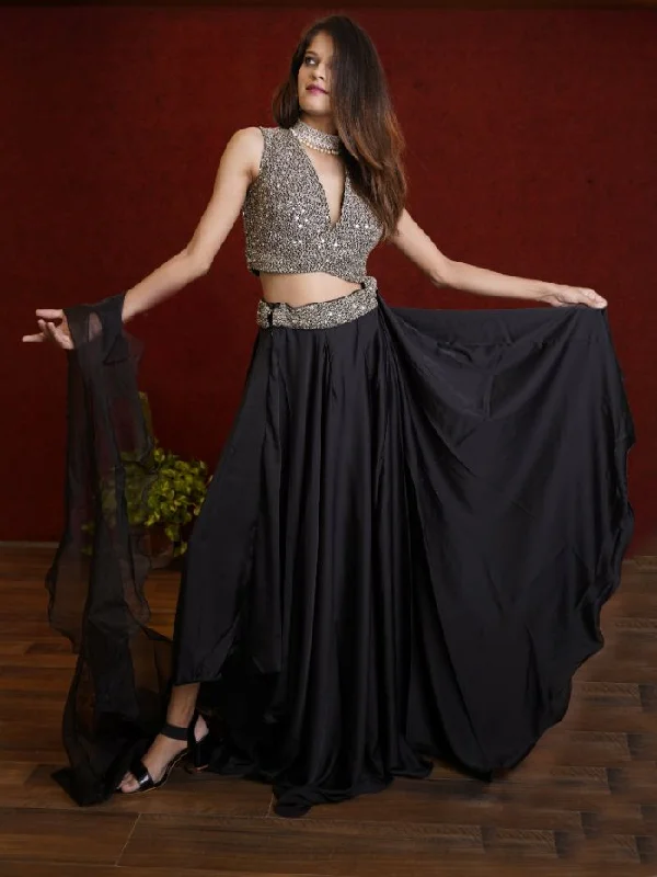 Season Offer Feminine Charm Elegant sequins Satin black Lehenga - Rent