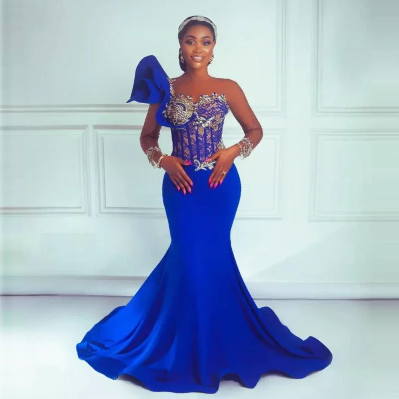 Easy Elegance Sales Soft Textures Royal Blue Mermaid Prom Dresses Sheer Neck Lace Beads Illusion Long Sleeves Evening Gowns For African Women Aso Ebi Party Dress