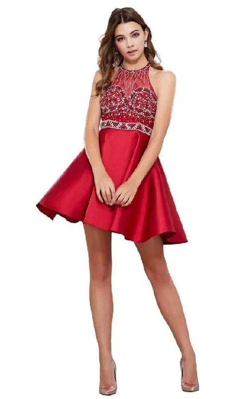 Fast Fashion Favorites Classic Timeless Elegant Style Nox Anabel - Embellished Illusion Halter Satin Short Dress 6262 - 1 pc Burgundy In Size S Available