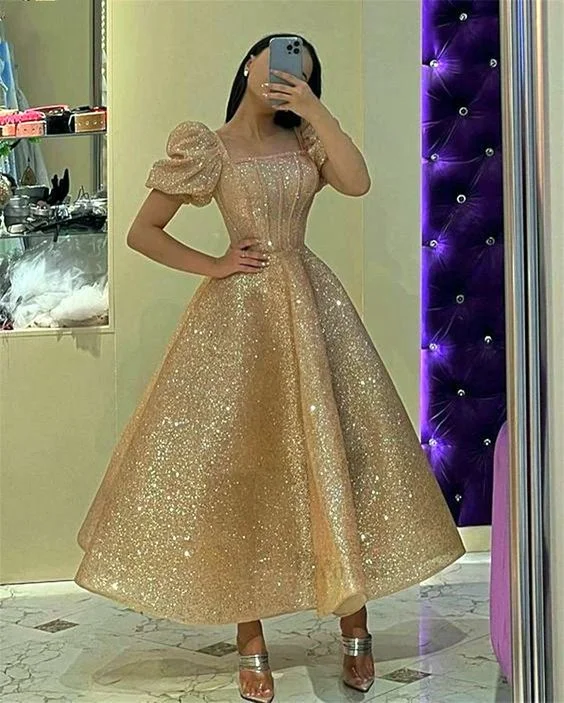 Style Breakthroughs Contemporary Chic Glitter Champage Sequined Prom Dresses Puff Short Sleeves Square Neck Ankle Length A Line Formal Evening Gowns