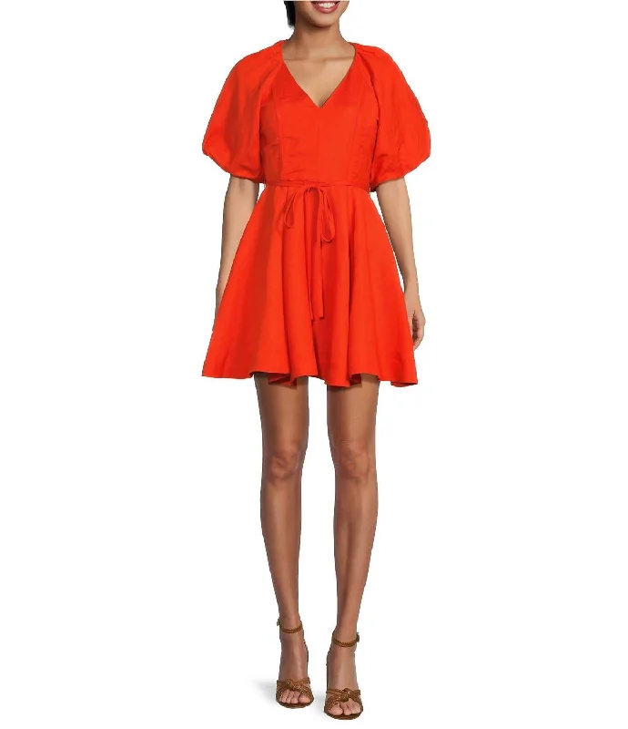 Exclusive Fashion Deals Flowy Fabric Bubble Sleeve Mini Dress In Tomato Red