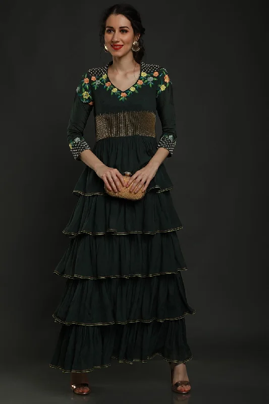 Browse Our Top Products Flowy Fabric Green Embroidered Multi-Tier Gown Dress