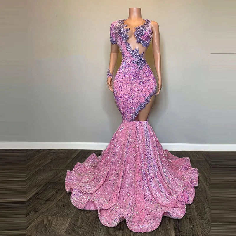 Daily Deals Playful Elegance Charming Pink Sequin Mermaid Prom Dresses One Shoulder Long Sleeves Aappliques See Thru Hollow Out Women Trumpet Evening Gowns