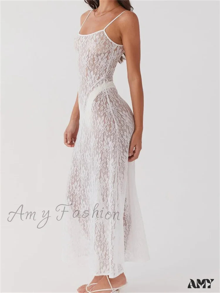 Premium Style Limited - Edition Drops Amy Fashion - Sexy Women Lace Floral  Sexy Mesh See Through Summer Sleeveless Strap White Beach Female Vestido