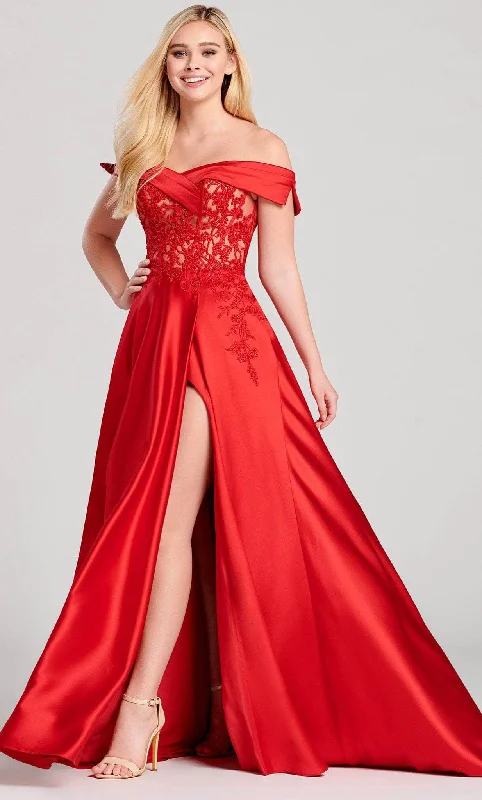 Chic & Cozy Collection Playful Elegance Ellie Wilde EW22012 - Embroidered Off Shoulder Satin Gown