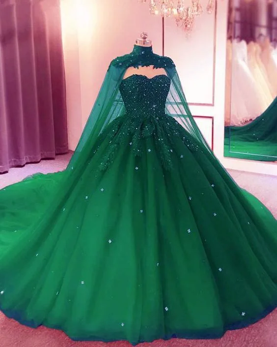 Fashion Sale Everyday Glamour Green Sweetheart Ball Gown Prom Dress With Cape S13179