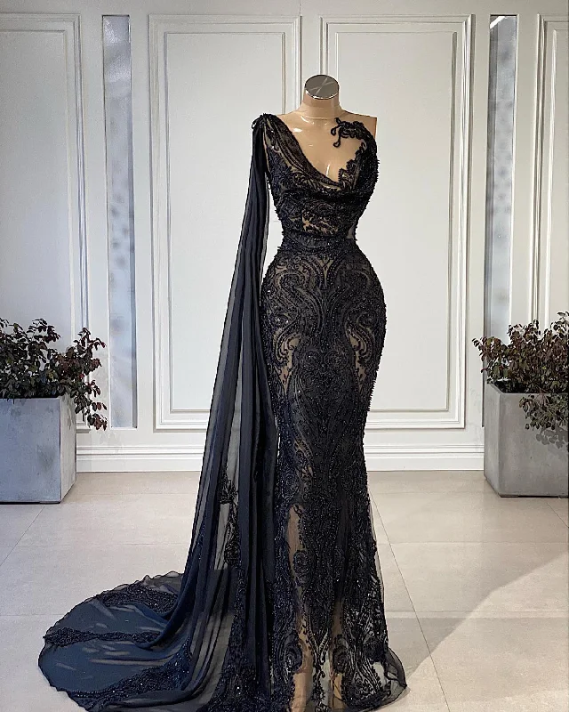 Hot Picks Summer Fashion Black Luxury Evening Party Dresses Sheer-Neck Prom Gowns For Elegant Women Sweep Train Sequined Lace Appliques Vestidos De Gala