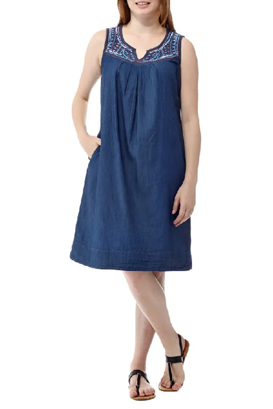 The Latest Trends Feminine Elegant La Cera Sleeveless Embroidered Denim Dress