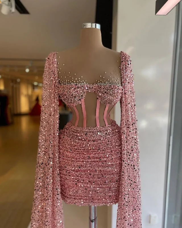 Exclusive Designer Style Deals Luxury Comfort Gorgeous Pink Cocktail Dresses With Cape Corset Top Sequined Pleat Short Prom Gowns Sheer Neck Beaded vestido de fiesta de boda