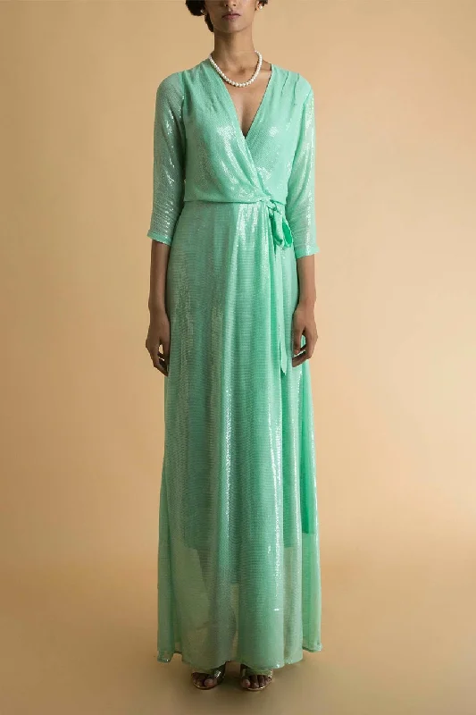 Trend Forward Threads Vintage Retro Party Wear Mint Long Sequin Gown Dress