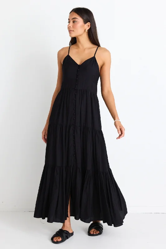 Premium Style Elegant Ensemble Lilibet Black Strappy Button Front Maxi Dress