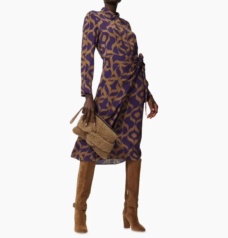 Huge Price Cut Feminine Soft - Hued Look Long Sleeve Side Tie Midi Dress In Purple And Beige